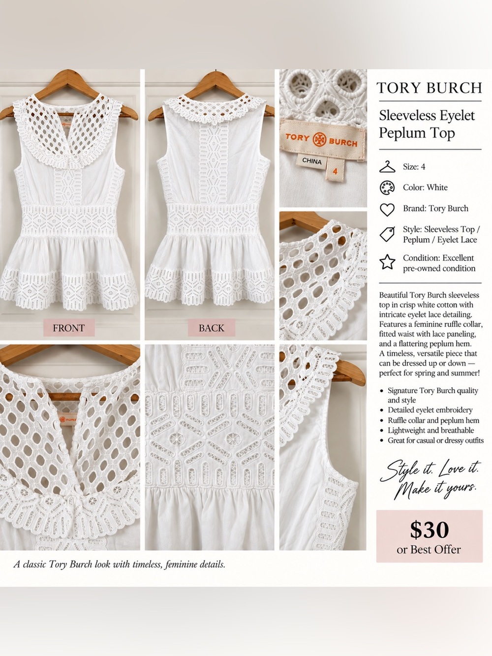 Tory Burch White Eyelet Lace Peplum Camisole